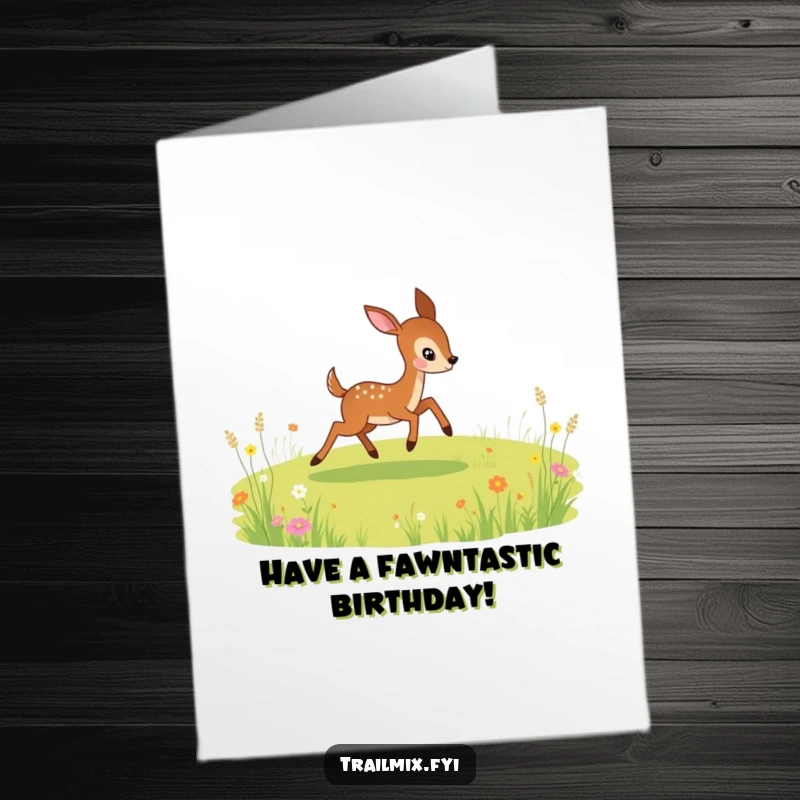 Funny Free Printable Birthday Card: A playful deer leaping joyfully across a meadow, embodying freedom and celebration.