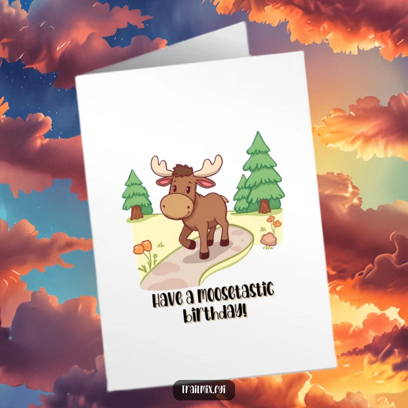 Funny Free Printable Birthday Card: Cheerful moose ambling on a path, joyful downloadable birthday greeting.