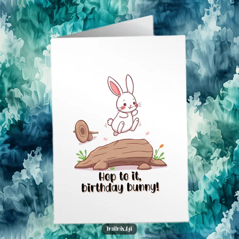 Free Printable Birthday Card: A playful bunny rabbit leaps energetically over a fallen log on a happy day.