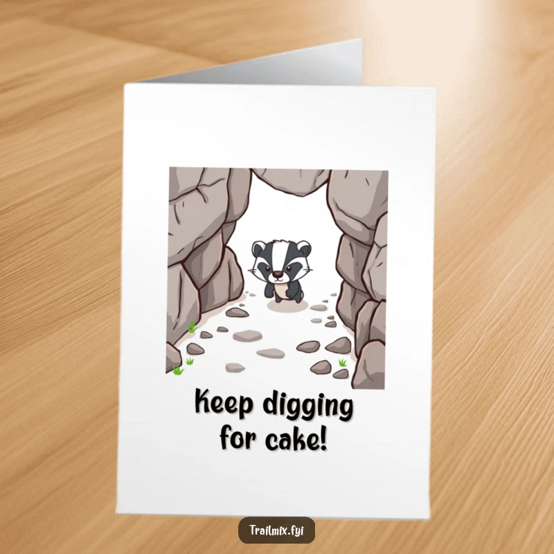 Funny Free Printable Birthday Card: A determined badger walks resolutely on a rocky path, celebrating a birthday.