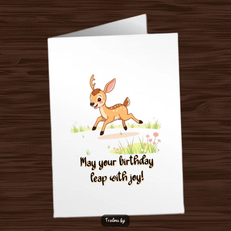 Funny Free Printable Birthday Card: Joyful deer bounding playfully, spreading birthday cheer in a meadow.
