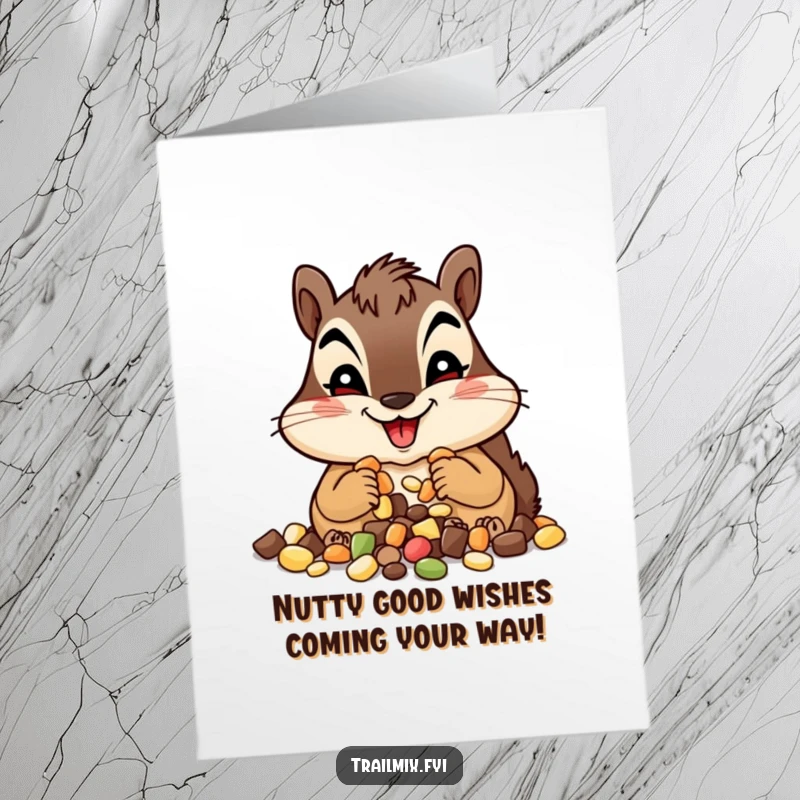 Funny Free Printable Birthday Card: Happy chipmunk stuffing its cheeks with trail mix, a hilarious downloadable gift.