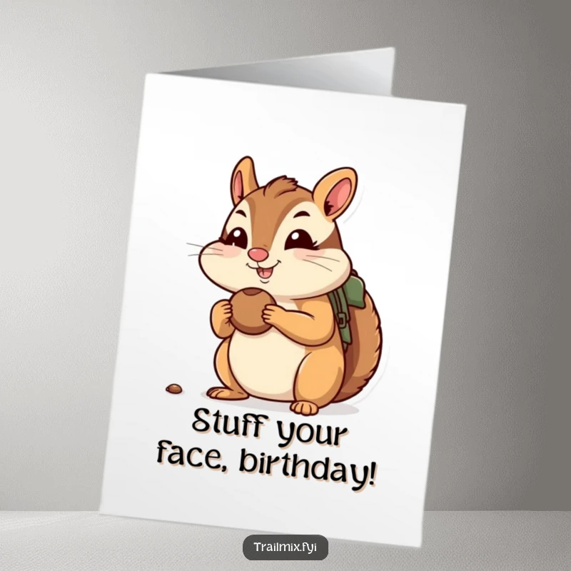 Funny Free Printable Birthday Card: A cheerful chipmunk with bulging cheeks full of nuts, ready for an adventure.