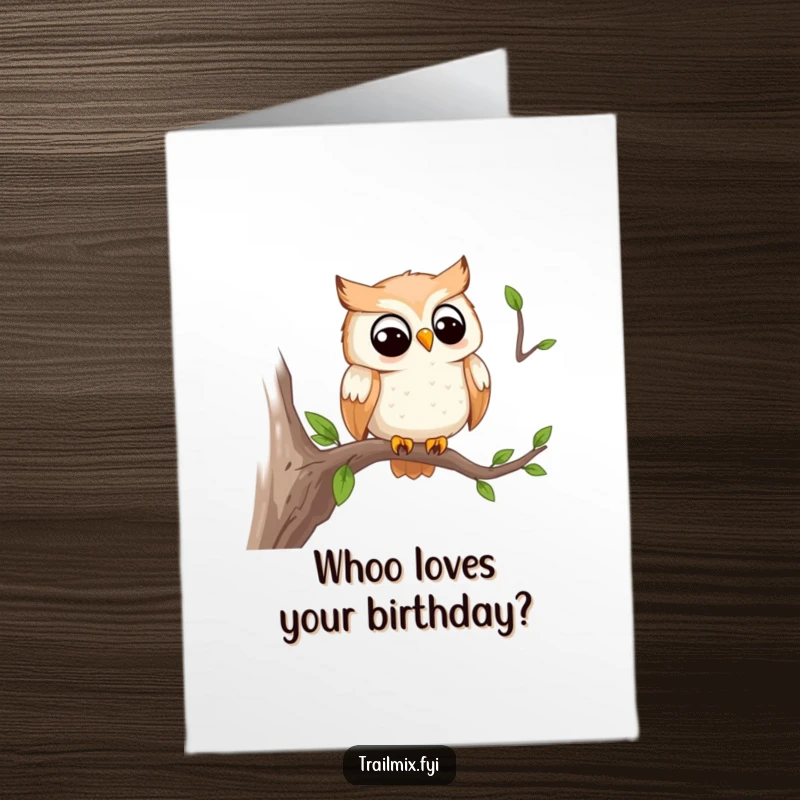 Funny Free Printable Birthday Card: A smiling owl character perched on a branch, observing the birthday trail with wisdom.