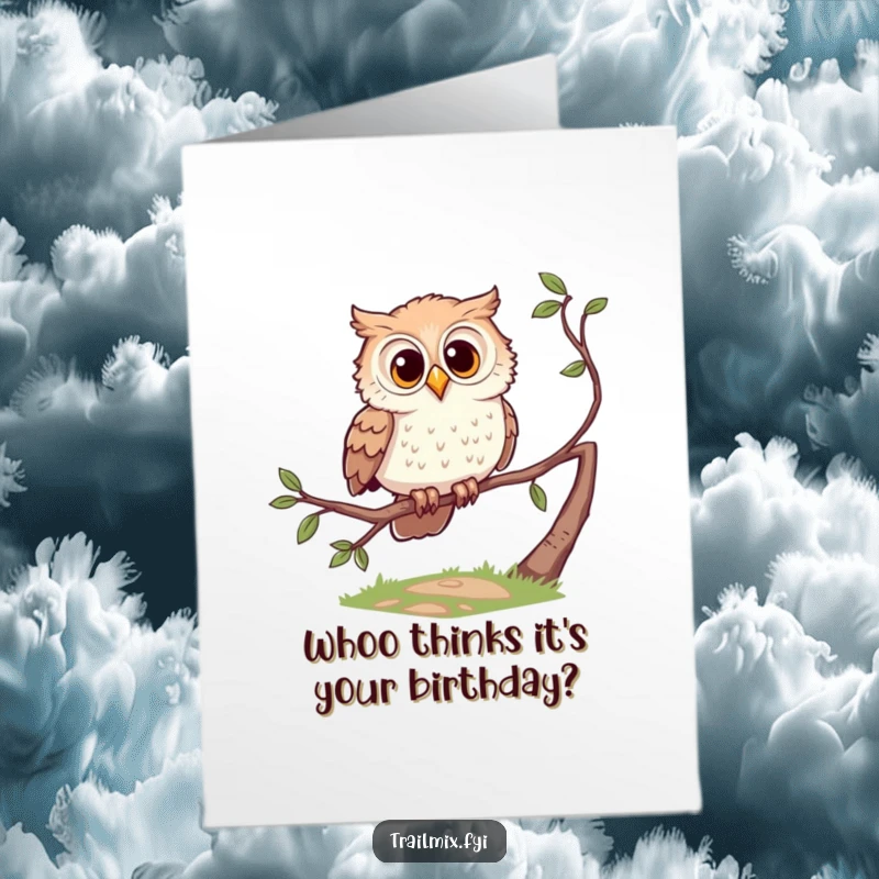Funny Free Printable Birthday Card: Curious cartoon owl perched on a branch, looking down a path, observing a birthday.