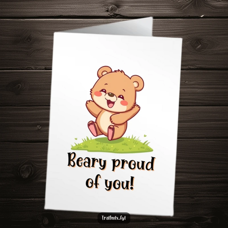 Funny Free Printable Congratulations Card: A playful bear cub rolls down a hill, celebrating your amazing success!