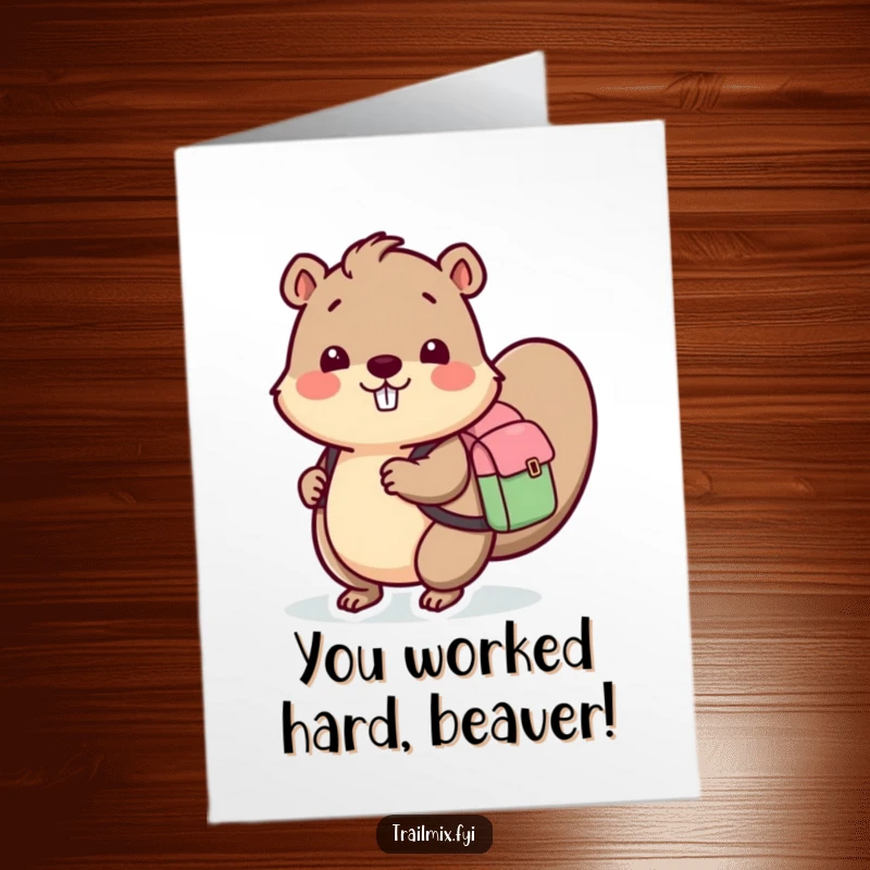Funny Free Printable Congratulations Card: A cheerful beaver wearing a tiny backpack, celebrating achievements with a smile.