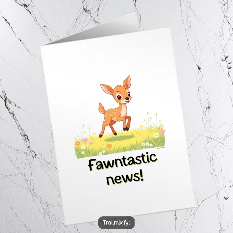 Funny Free Printable Congrats Card: A gleeful deer fawn leaping with excitement through a sunny meadow.