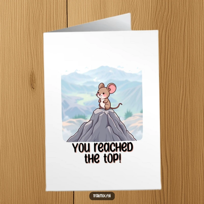 Funny free printable congratulations card: Happy mouse on a mountain summit, looking out over a vast, beautiful landscape.