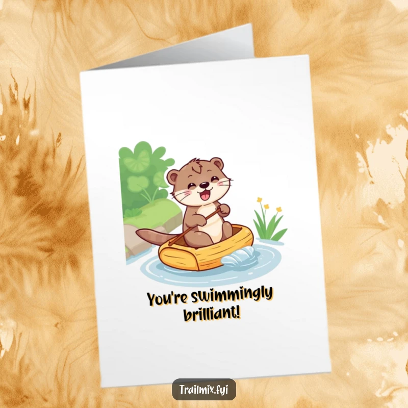 Funny Free Printable Congrats Card showing a triumphant otter paddling a raft, celebrating a milestone.