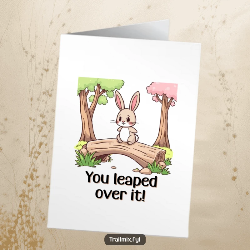 Free Printable Congrats Card: A brave rabbit confidently crossing a log bridge with a determined expression.