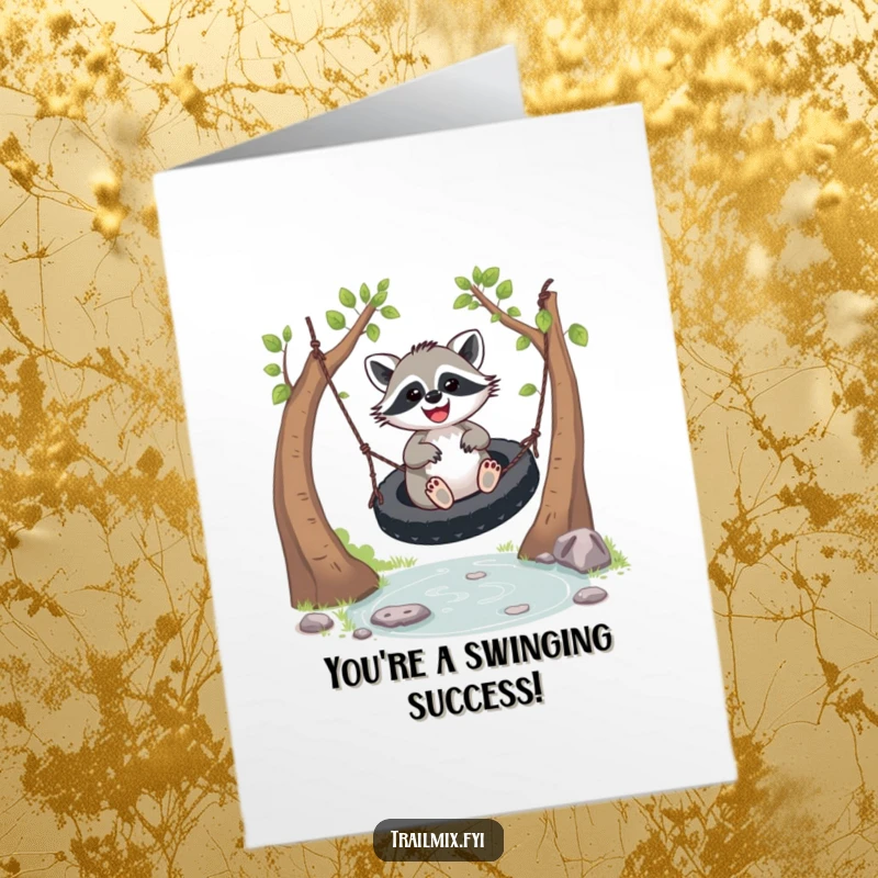 Funny free printable congratulations card featuring a delighted raccoon soaring on a tire swing above a clear stream, celebrating a win.