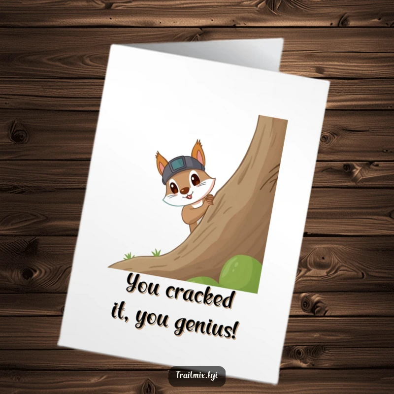 Funny Free Printable Congratulations Card: Squirrel wearing a headlamp excitedly peeks around a large tree, revealing success.