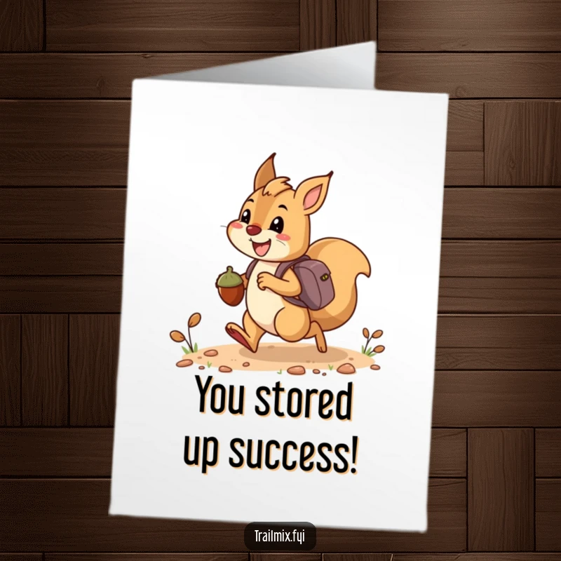Free Printable Congrats Card: A happy squirrel bounding along a trail, carrying acorns like small backpacks.