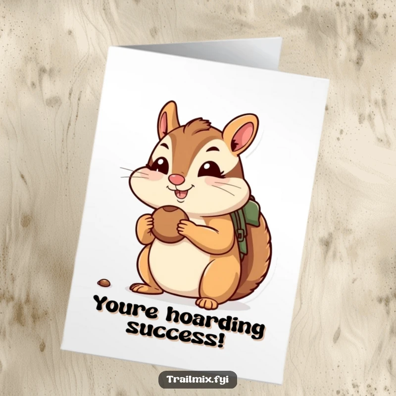 Funny Free Printable Congratulations Card: A cheerful chipmunk with cheeks full of nuts, representing a successful stockpile.