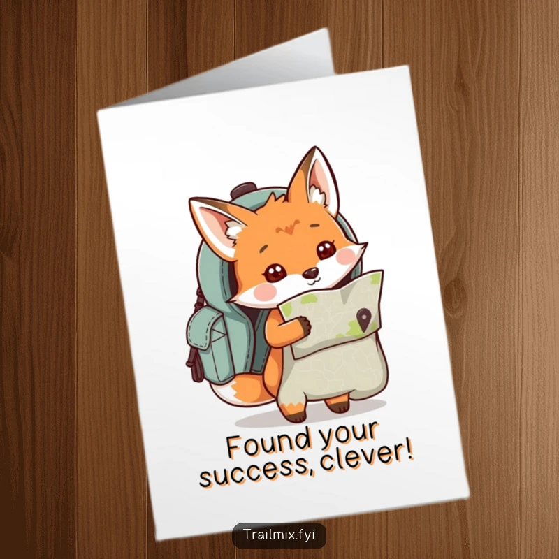 Funny Free Printable Congratulations Card: A curious fox peeks out from a backpack, holding a map and looking observant.