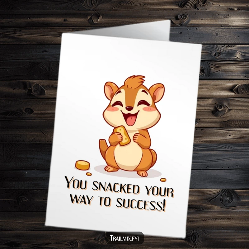 Funny Free Printable Congratulations Card: Joyful cartoon chipmunk happily munching on a trail snack, celebrating success.