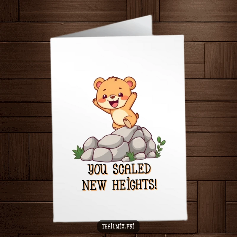 Funny Free Printable Congratulations Card: Cheerful bear cub enthusiastically climbing a rocky trail, symbolizing achievement and success.