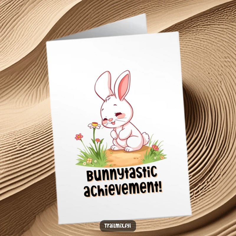Funny Free Printable Congratulations Card: Giggling rabbit curiously sniffing a wildflower on a path, celebrating growth and new beginnings.