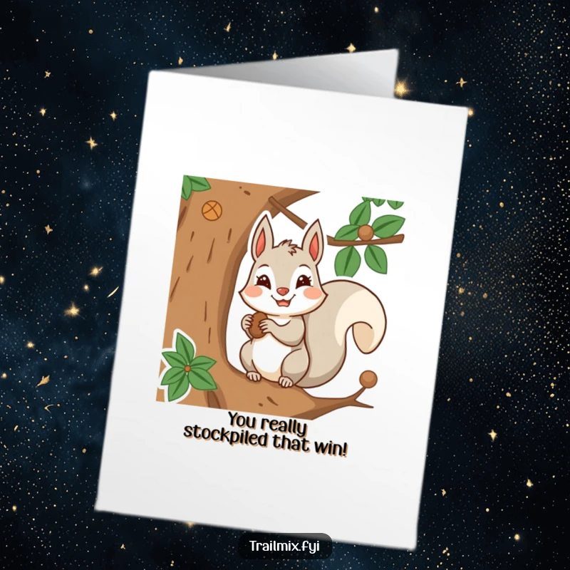 Funny Free Printable Congratulations Card with a smiling squirrel diligently storing nuts, representing successful efforts.