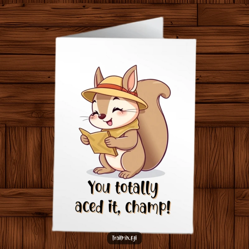 Funny Free Printable congratulations card showing a curious squirrel scout studying a map, celebrating success, downloadable gift.