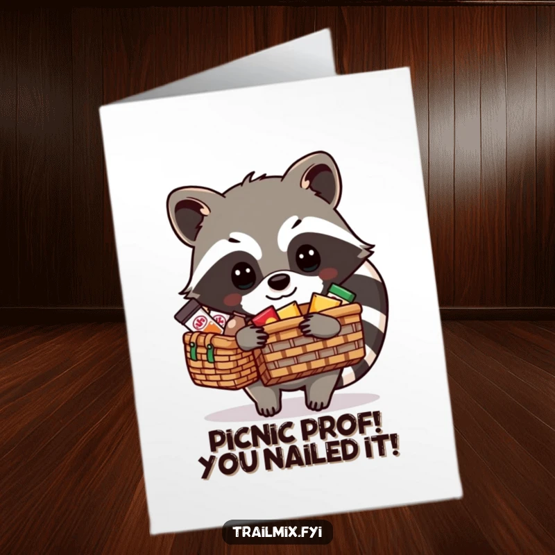 Funny Free Printable Congrats Card: Resourceful raccoon proudly surveying his perfectly packed picnic basket.
