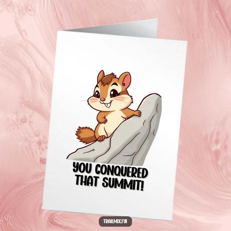 Funny Free Printable Congratulations Card: A chipmunk with a determined expression and a slight smile actively climbs upwards on a rocky surface.