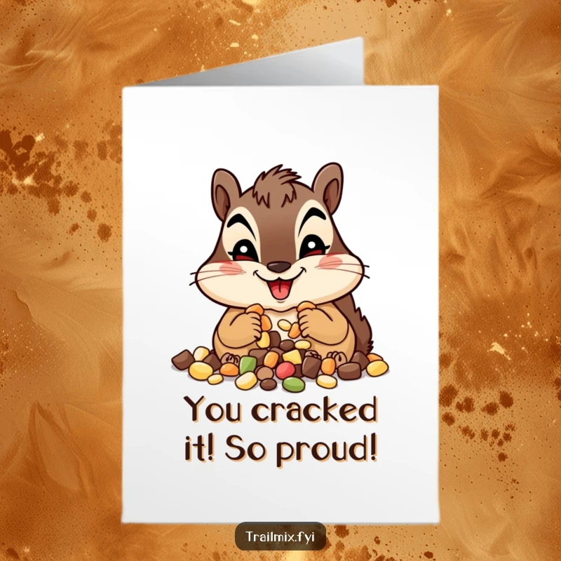Funny Free Printable Congratulations Card: Chipmunk gleefully munching trail mix, perfect downloadable congratulations gift.
