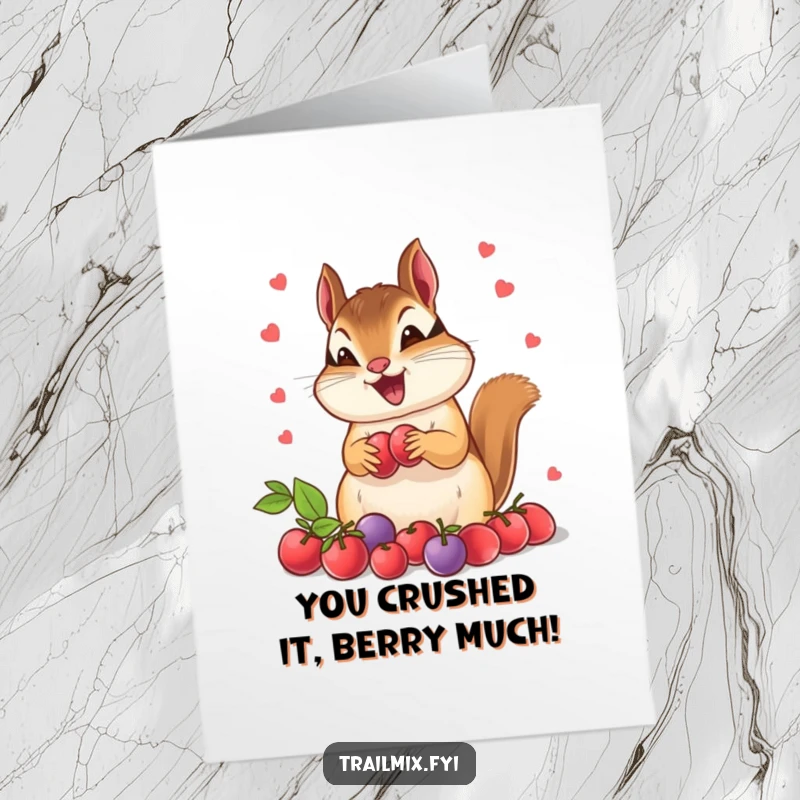 Funny free printable congratulations card featuring a cheerful chipmunk ecstatically gathering ripe berries, celebrating a big win.