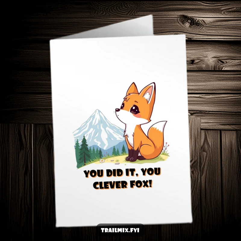 Funny Free Printable Congratulations Card showing a curious fox looking up at a vast mountain vista, celebrating success.