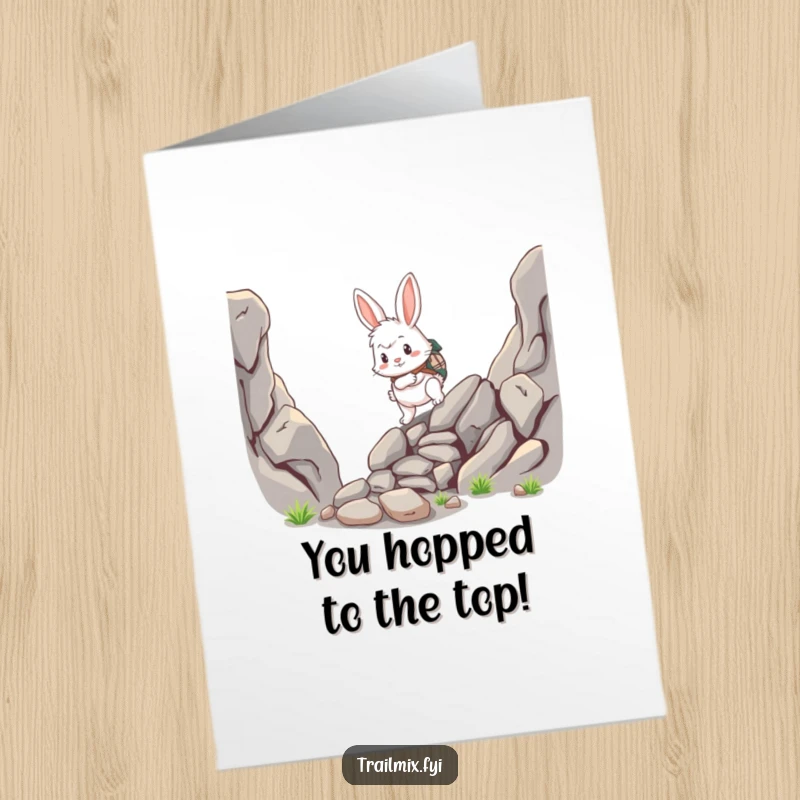 Funny Free Printable Rabbit Congratulations Card: Fluffy rabbit adventuring up a tough rocky path.
