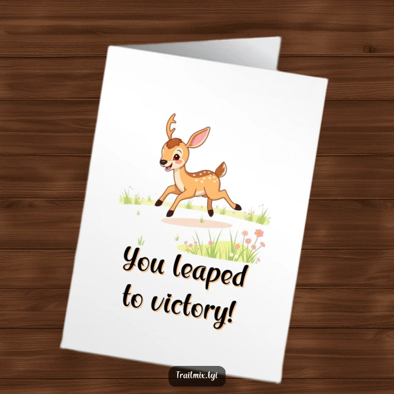 Funny Free Printable Congratulations Card: Joyful deer bounding playfully, celebrating success in a sunny meadow.