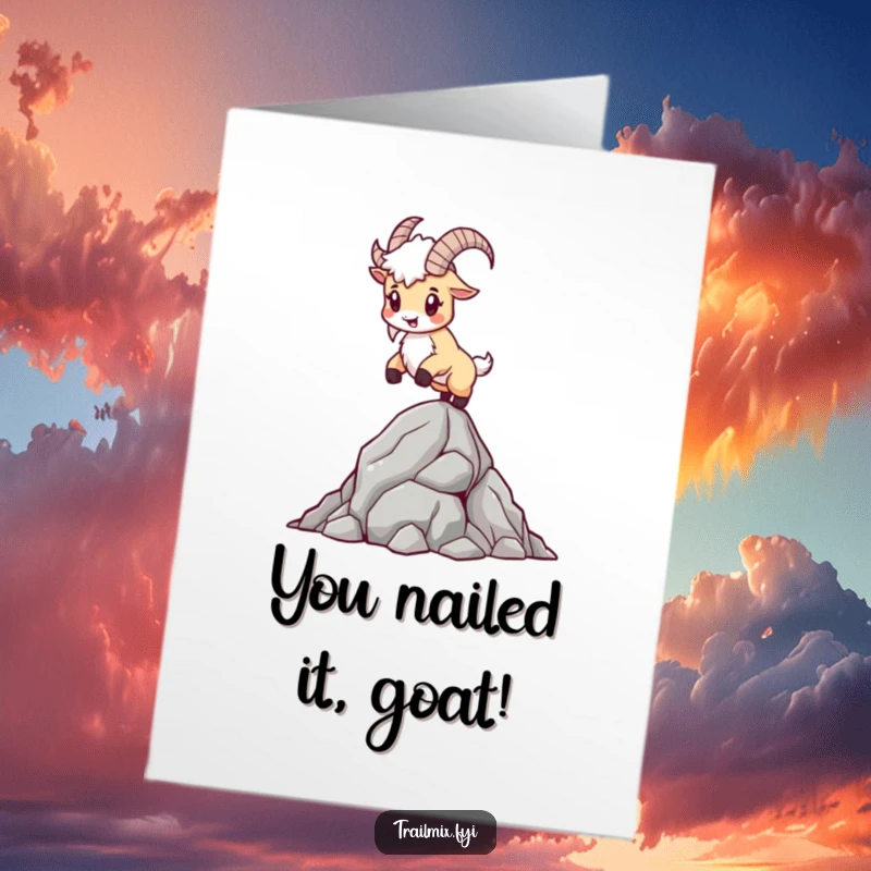 Funny free printable congratulations card: Mountain goat stands strong on a rocky ledge, celebrating a successful achievement.