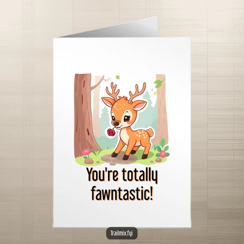 Free Printable Congrats Card: A playful deer enjoying a forest berry while pausing on a woodland path.