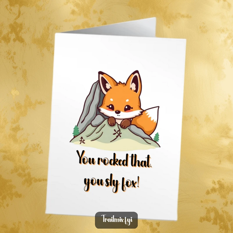 Funny Free Printable Congratulations Card: Curious fox peeks over mountain, celebrating success, downloadable art.