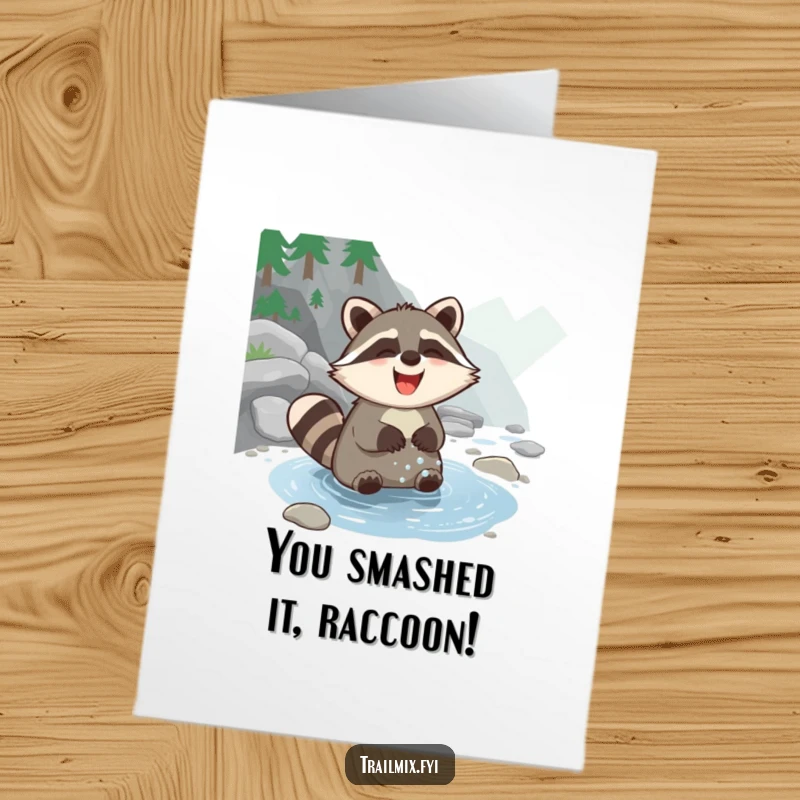 Funny Free Printable Congratulations Card: A giggling raccoon washes paws, celebrating your awesome success!