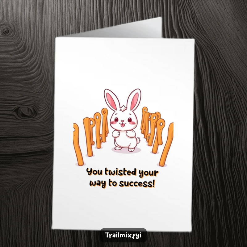 Funny Free Printable Congratulations Card: A smiling rabbit character happily finding its way through a challenging maze of pretzel sticks, a clever win.