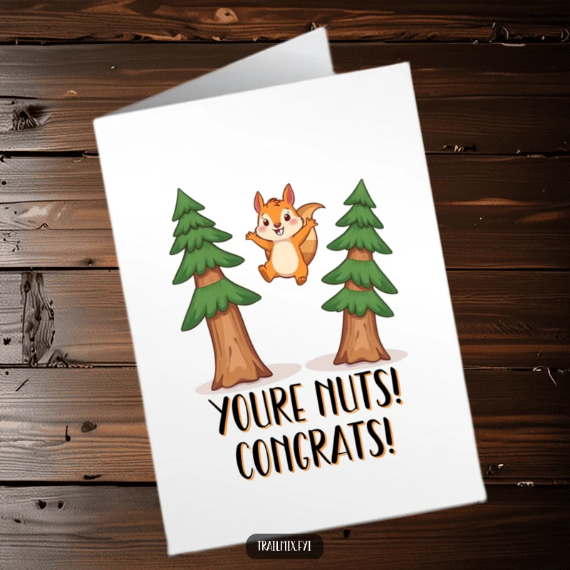 Funny Free Printable Congrats Card: Excited squirrel leaping between trees, celebrating your fantastic news.