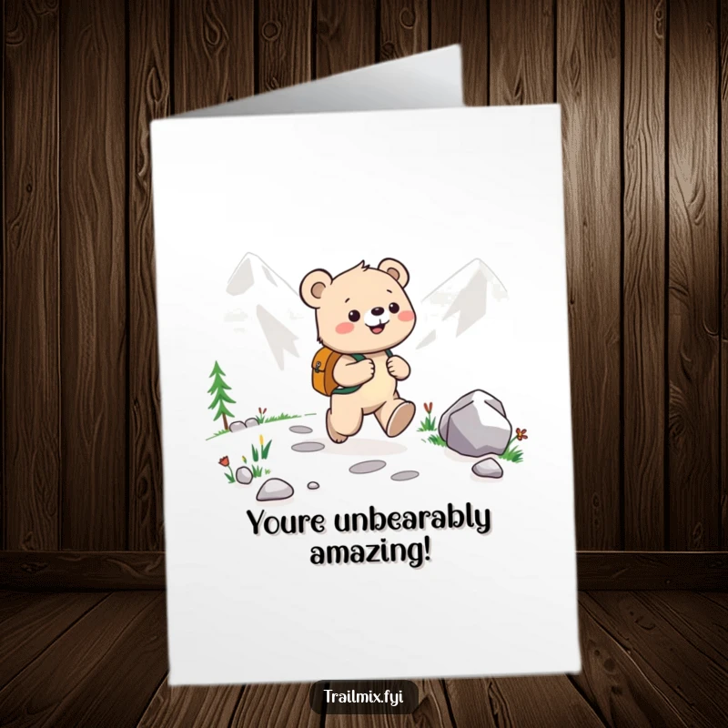 Funny Free Printable Congratulations Card: Happy bear cub with backpack skips along a mountain path, celebrating.