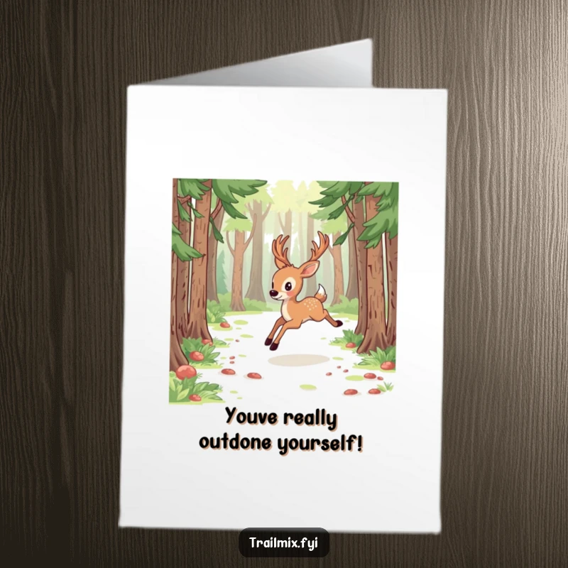 Free Printable Congratulations Card: An energetic deer bounds through a forest clearing, symbolizing a successful journey.