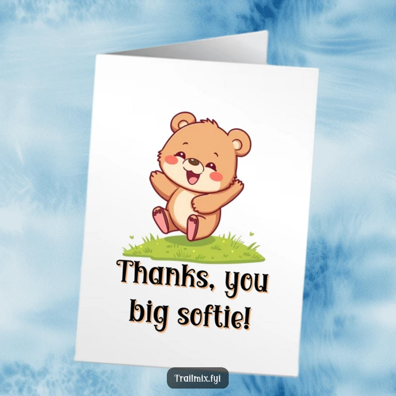 Funny Free Printable Thank You Card: A playful, delighted bear cub rolls downhill, sending thanks with glee.