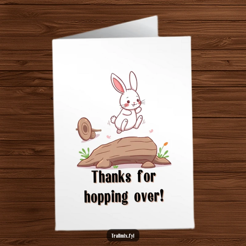 Free Printable Thank You Card: A playful bunny rabbit leaps over a fallen log, conveying thanks with charm.