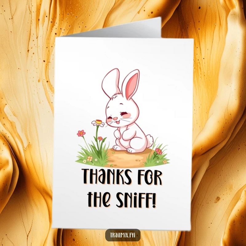 Funny Free Printable Thank You Card: Giggling rabbit curiously sniffing a wildflower on a path, conveying heartfelt thanks.
