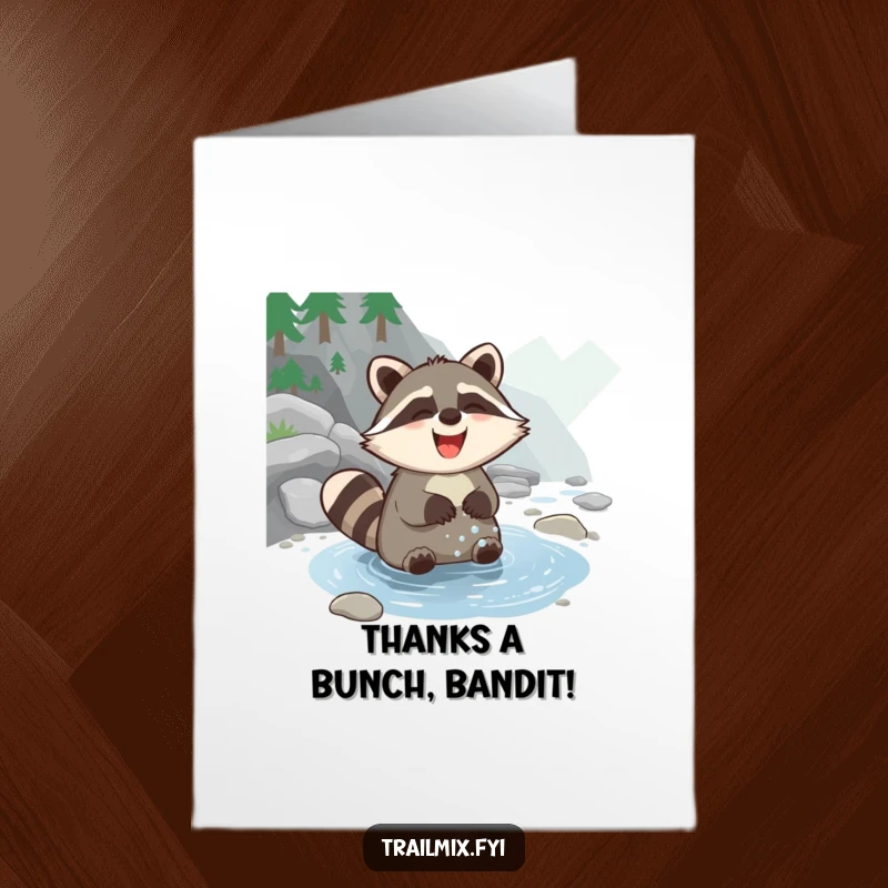 Funny Free Printable Thank You Card: A giggling raccoon washes paws, sending a grateful chuckle your way.