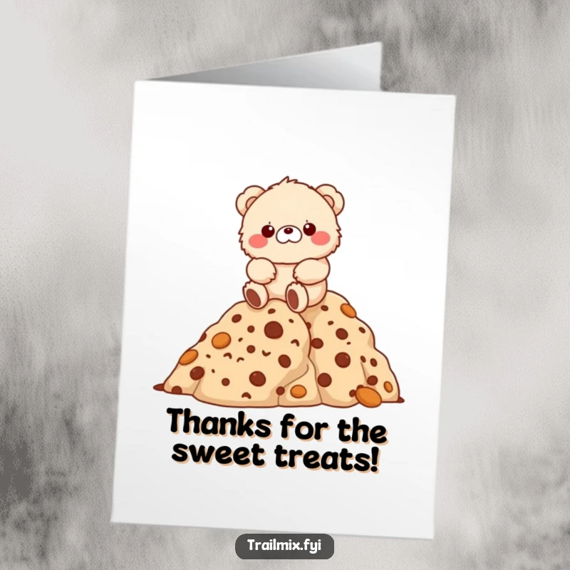 Funny Free Printable Thank You Card: Fluffy bear character joyfully hiking up a mountain of cookies, expressing sweet gratitude.