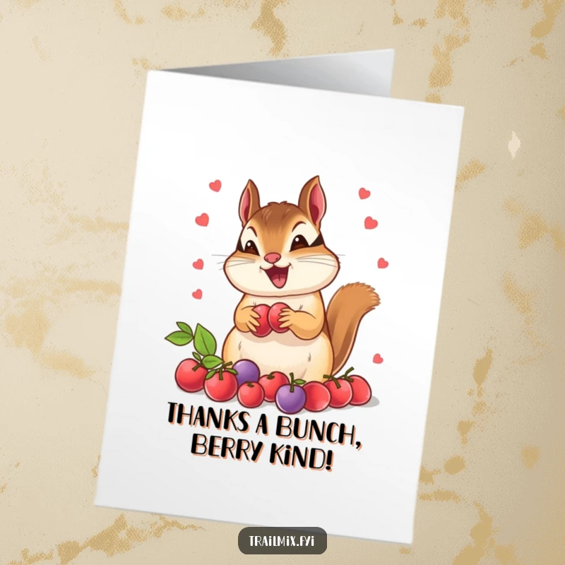 Funny free printable thank you card depicting a happy chipmunk enthusiastically collecting a mound of juicy berries, expressing heartfelt thanks.