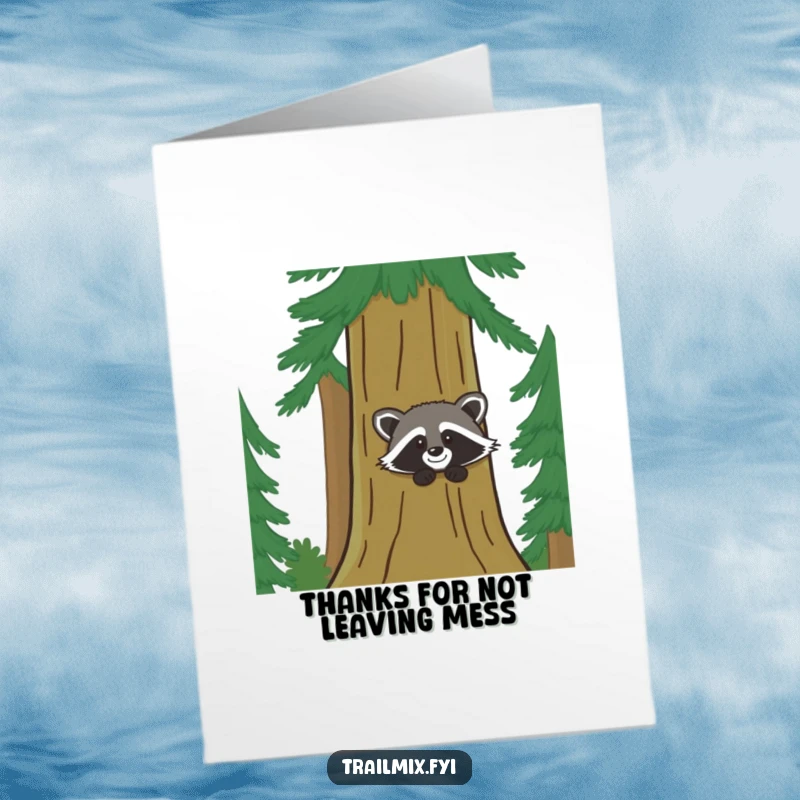 Funny Free Printable Thank You Card: Giggling raccoon emerges from behind a pine, sending heartfelt thanks.