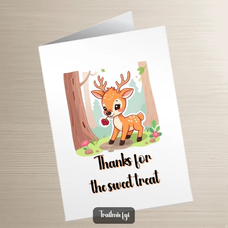 Free Printable Thank You Card: A playful deer nibbling a forest berry on a paused path.