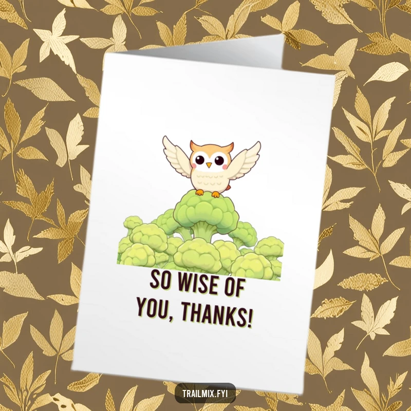 Funny Free Printable Thank You Card: Cheerful owl flying over a broccoli forest, expressing thanks with nature's bounty.