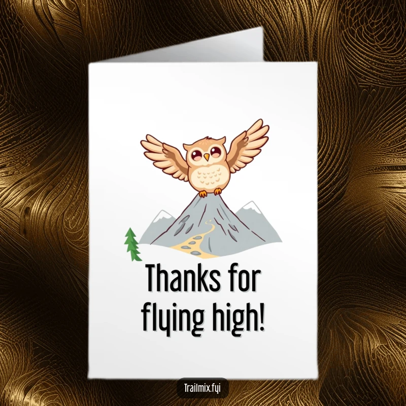 Funny Free Printable Thank You Card: Joyful owl flying high, conveying heartfelt thanks.